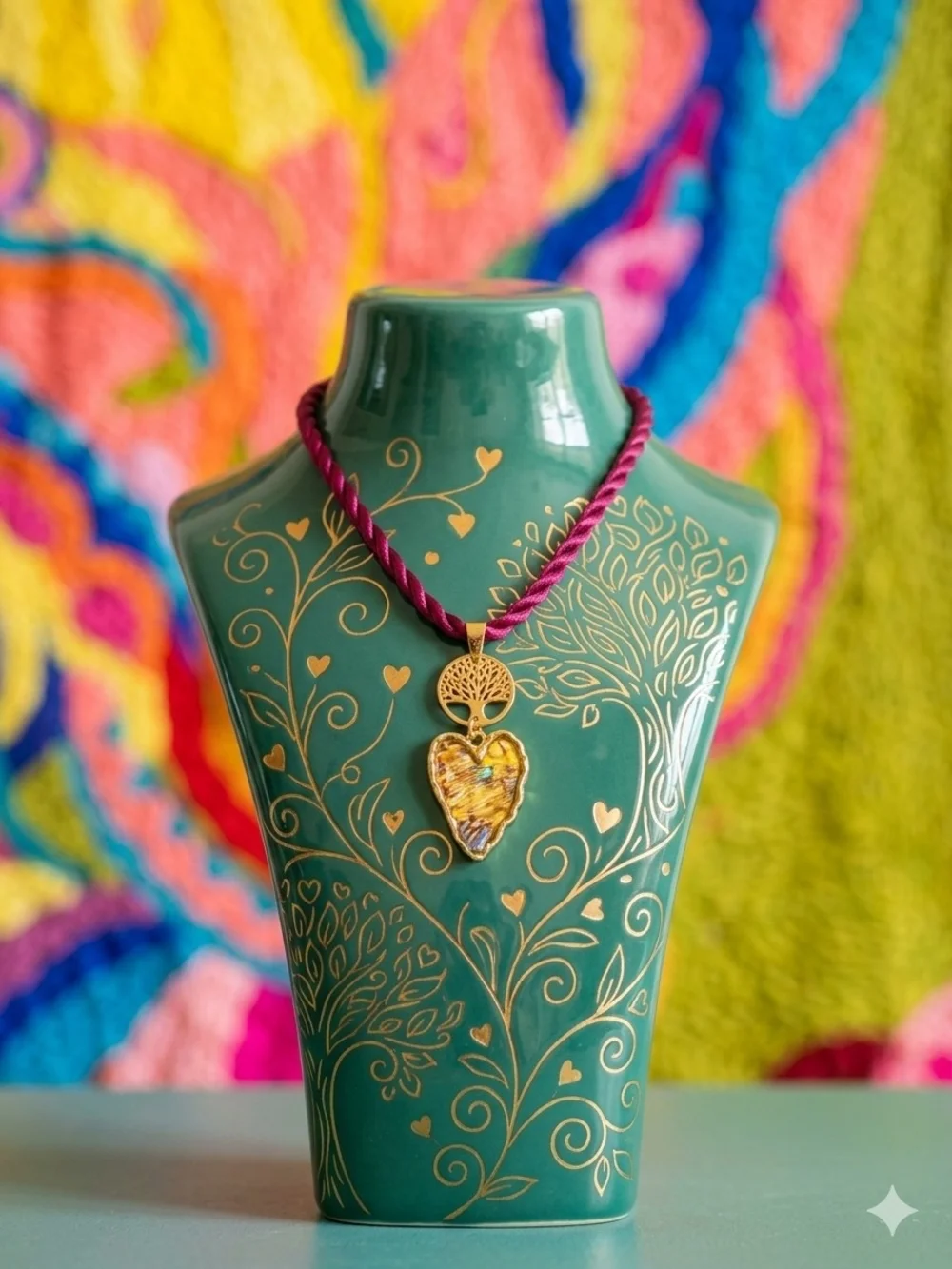 Abalone Gold Tree of Life Heart Pendant Necklace on Burgundy Cord
